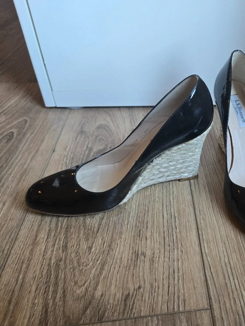 L.K. Bennett Maddox black patent leather espadrille wedge heels
